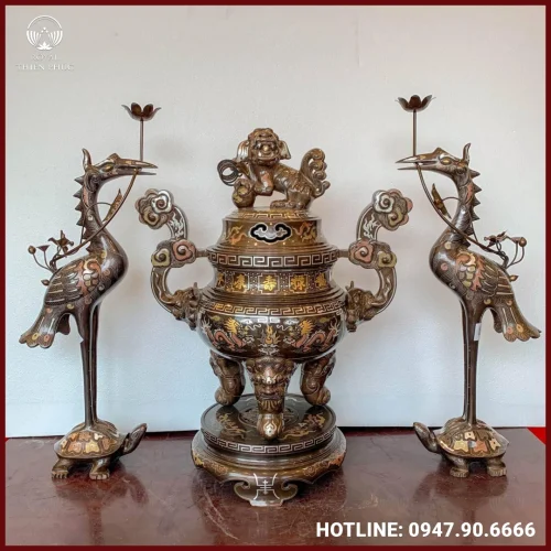 Bộ tam sự hạc đồng khảm ngũ sắc song long chầu nguyệt