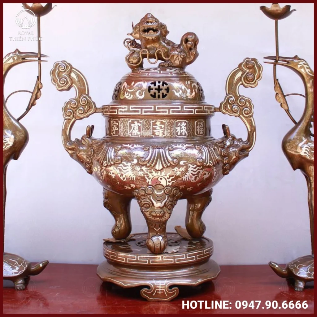 Bộ tam sự hạc đồng đỏ khảm tam khí cao cấp