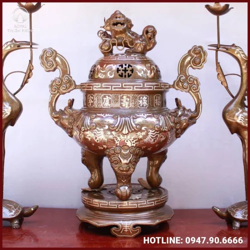Bộ tam sự hạc đồng đỏ khảm tam khí cao cấp