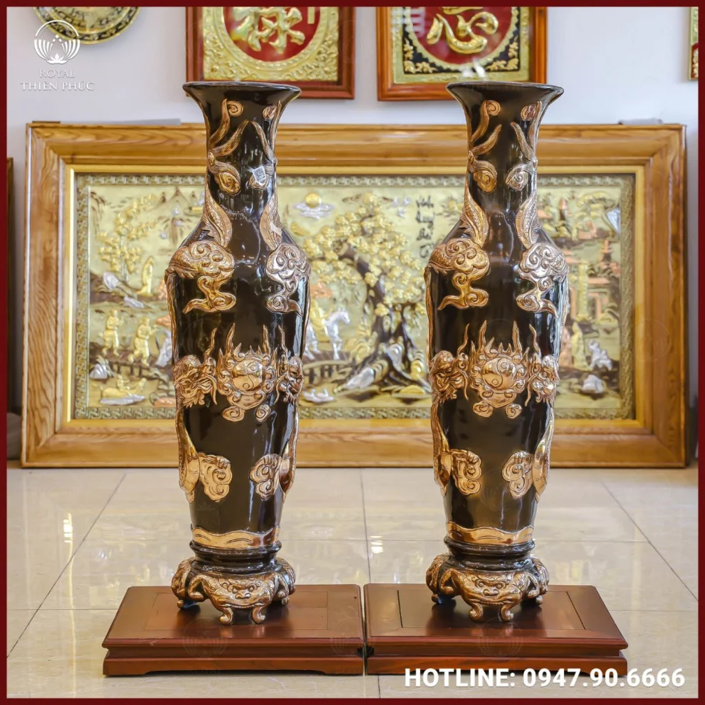 Lọ lộc bình song long chầu nguyệt đồng đỏ cạo màu cao 1m6