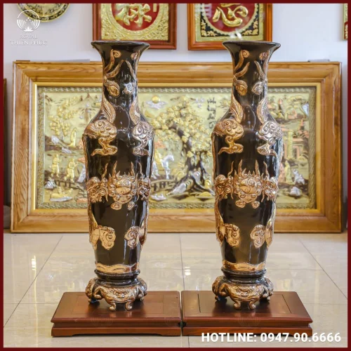 Lọ lộc bình song long chầu nguyệt đồng đỏ cạo màu cao 1m6