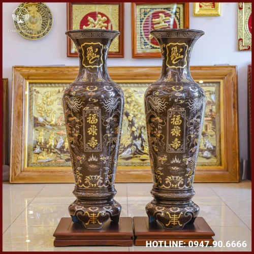 Lọ lộc bình bằng đồng đỏ khảm tam khí kỹ dát điểm vàng cao 1m2