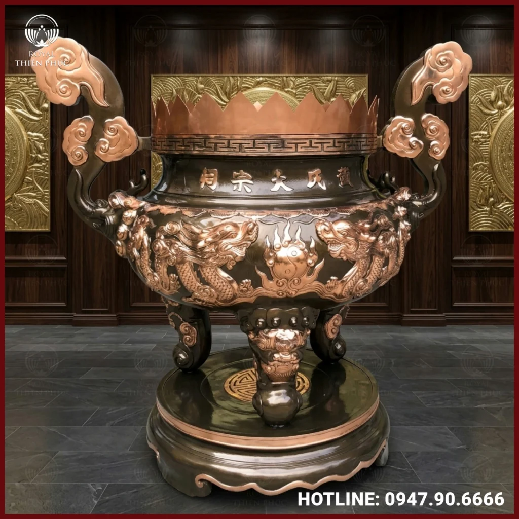 Lư hương song long chầu nguyệt đồng đỏ cạo màu cao cấp