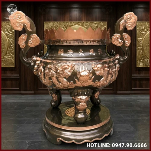 Lư hương song long chầu nguyệt đồng đỏ cạo màu cao cấp