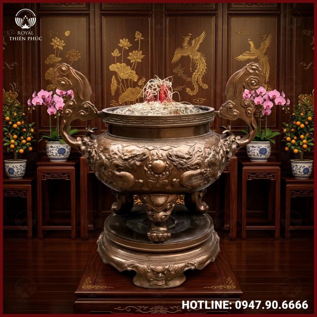 Lư hương song long chầu nguyệt đồng đỏ làm màu cổ kính