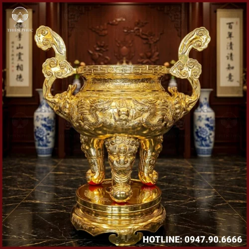 Lư hương song long chầu nguyệt đồng đỏ mạ vàng