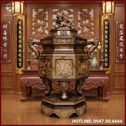 Lư hương lục giác đồng đỏ khảm tam khí