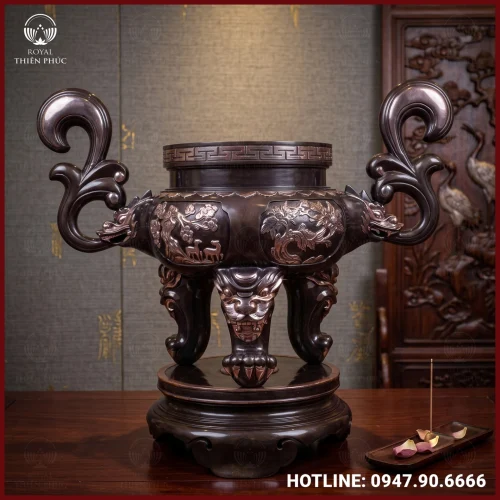 Lư hương tứ quý đồng đỏ cạo màu