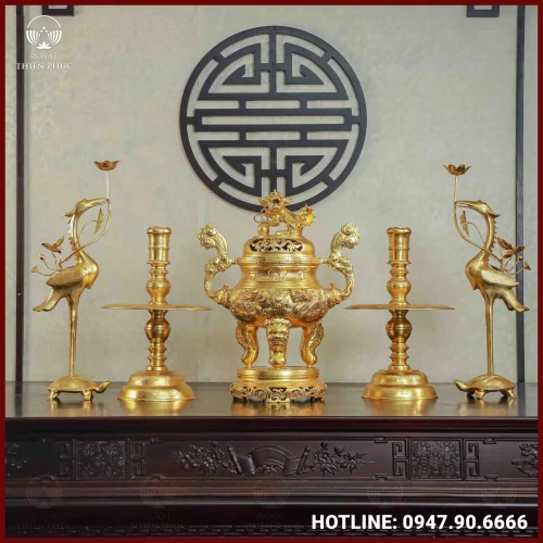 Bộ ngũ sự song long chầu nguyệt đồng đỏ dát vàng cao 60cm