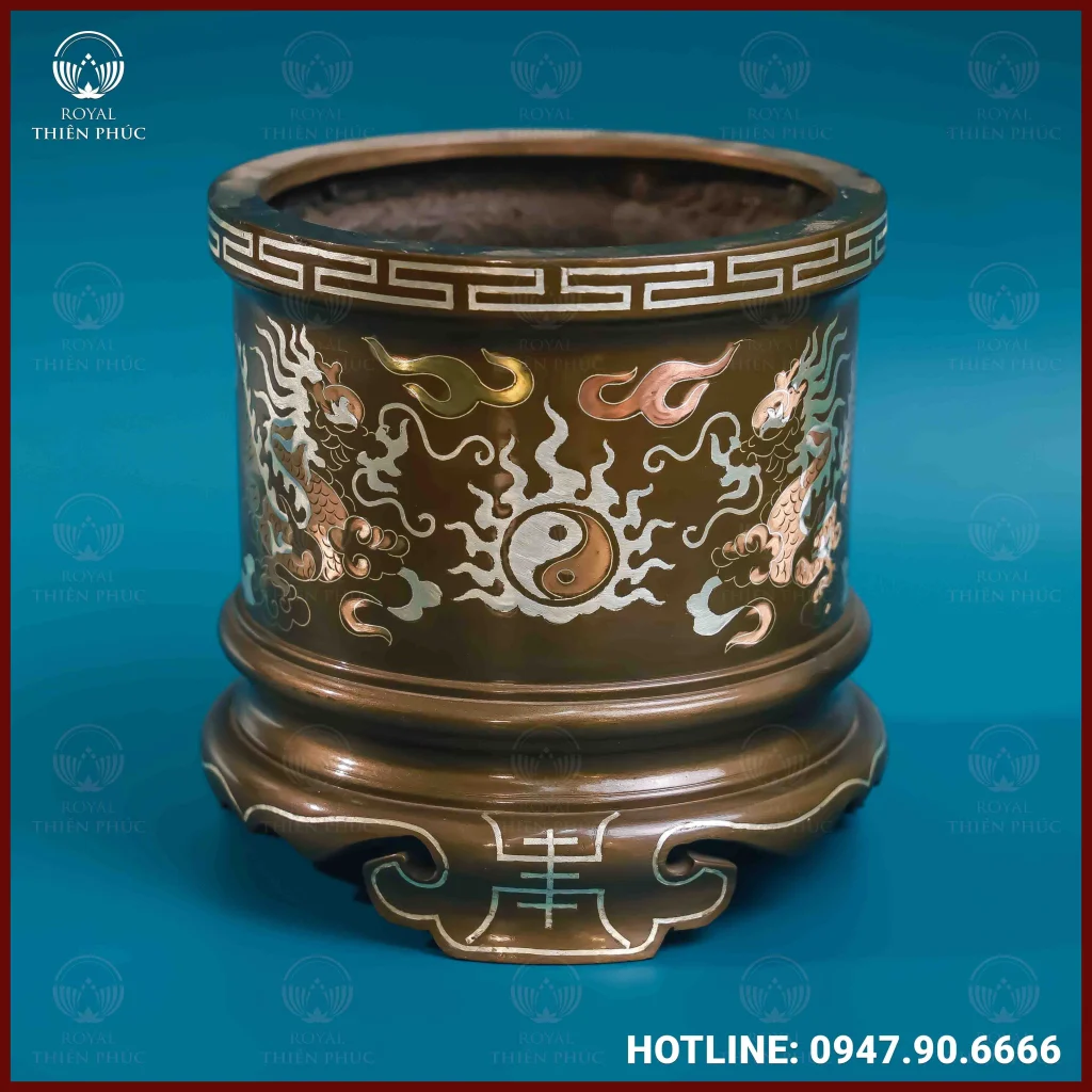 Bát hương rồng đồng khảm tam khí kích thước 16cm