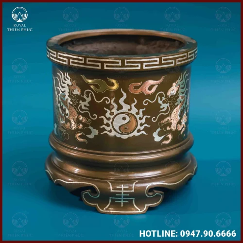 Bát hương rồng đồng khảm tam khí kích thước 16cm
