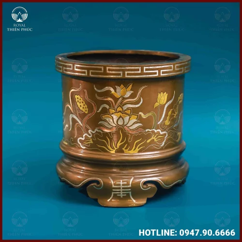 Bát hương hoa sen đồng khảm tam khí dát điểm vàng 18cm