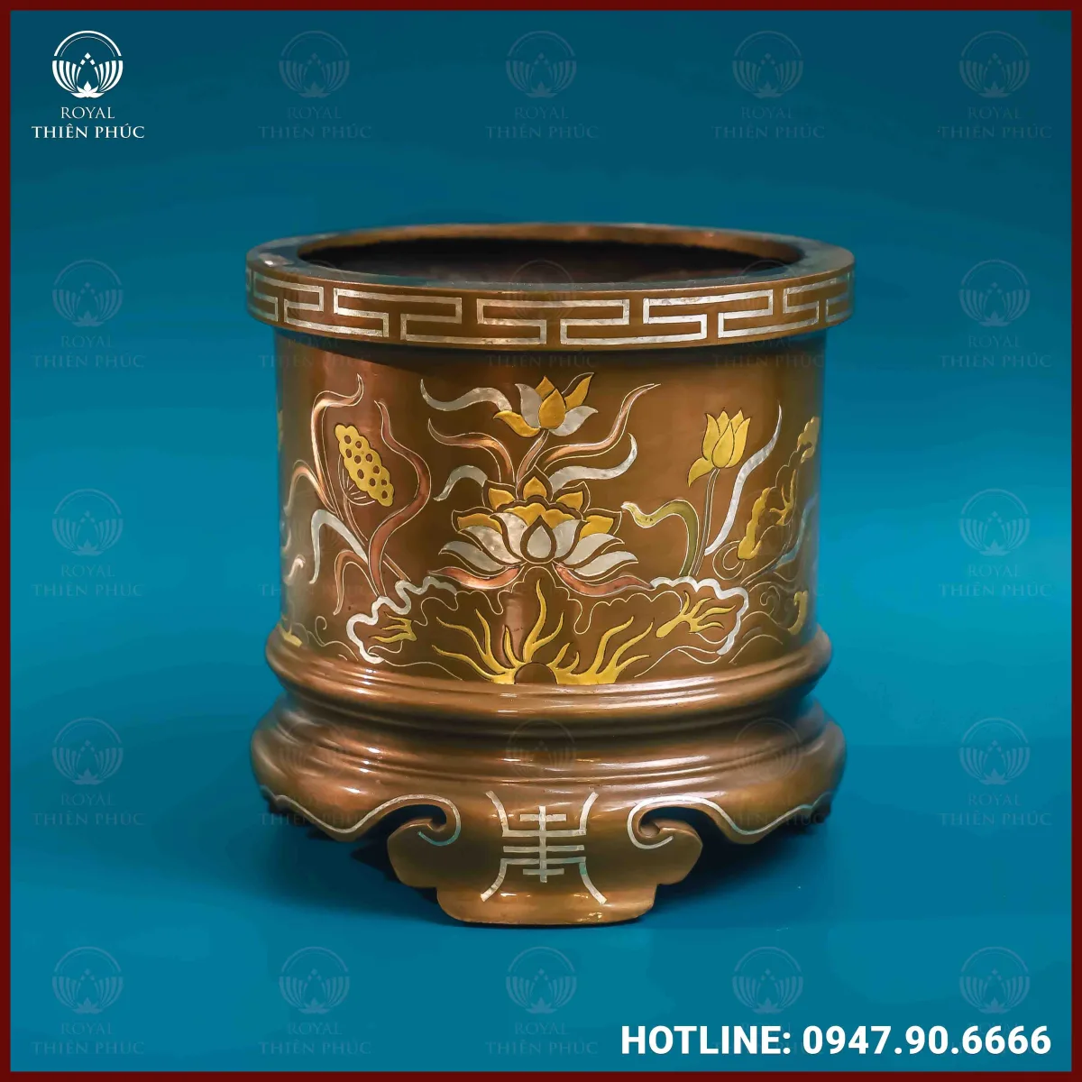  Bát hương hoa sen đồng khảm tam khí dát điểm vàng 18cm