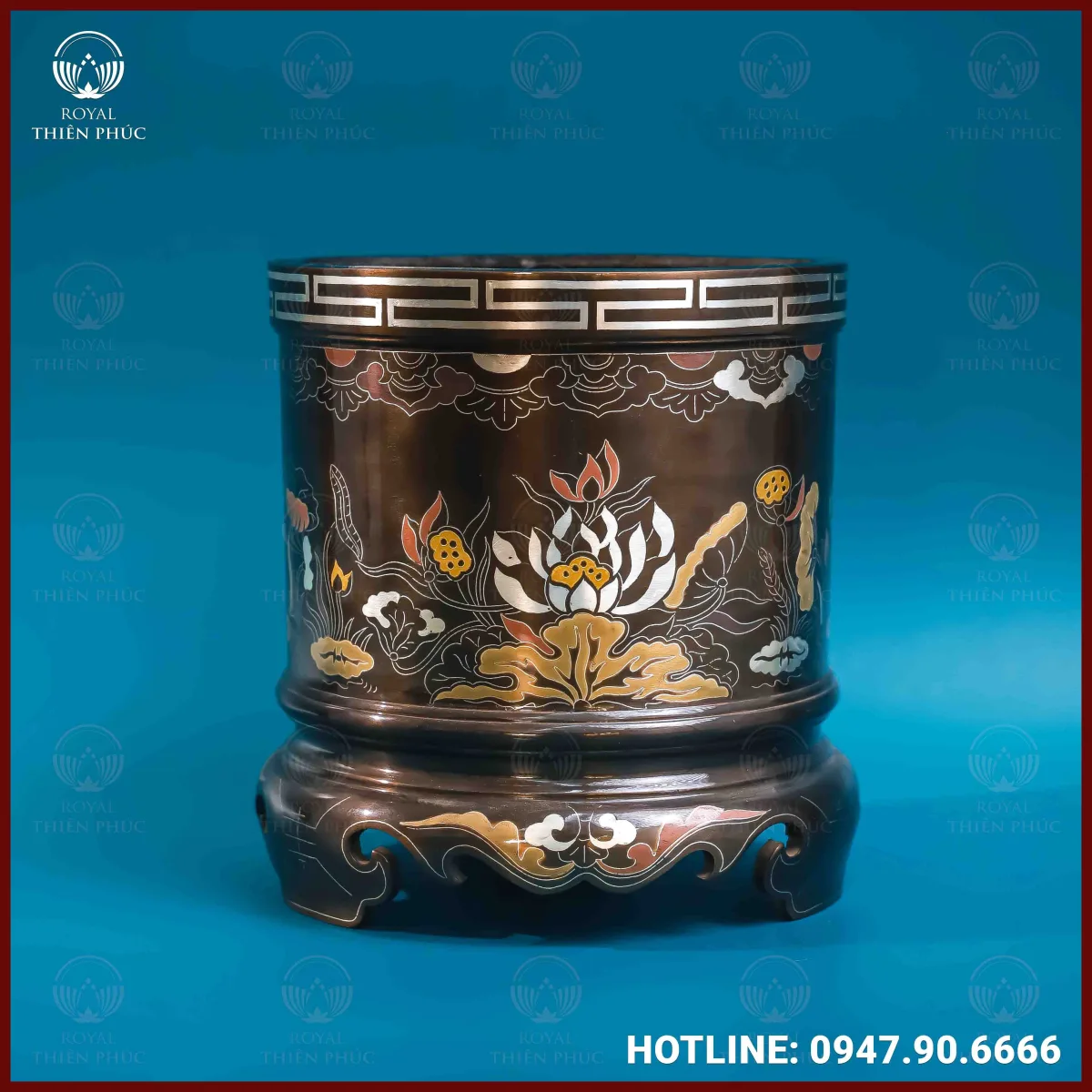 Bát hương hoa sen đồng khảm ngũ sắc 18cm