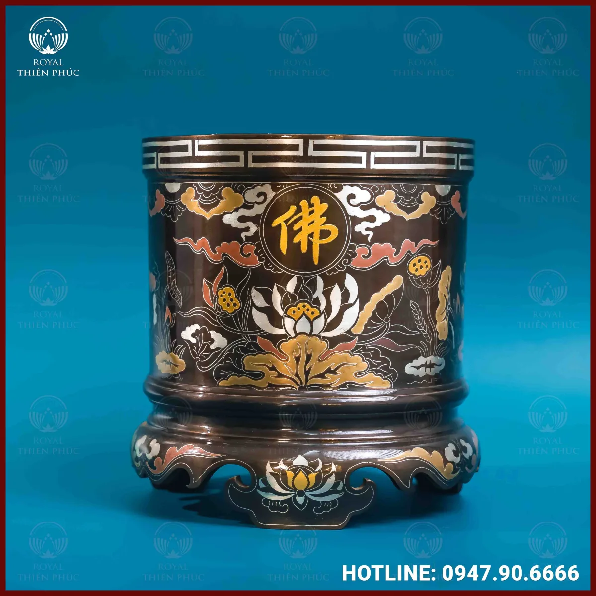 Bát hương hoa sen đồng khảm ngũ sắc 18cm