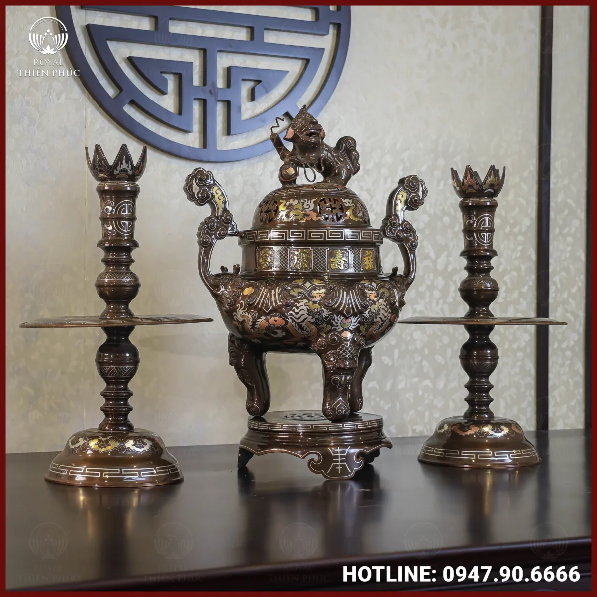 Bộ tam sự nến đồng đỏ khảm tam khí kỹ chạm sòi 60cm