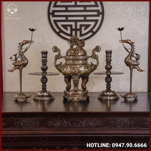 Bộ ngũ sự đồng đỏ khảm tam khí thường dát điểm vàng 60cm