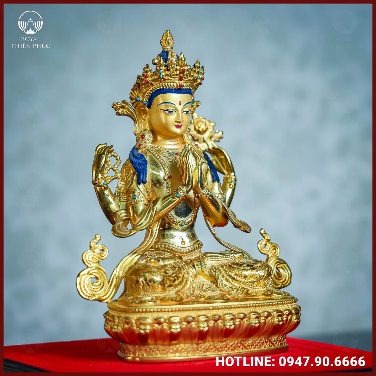 Tôn tượng Quan Âm Tứ Thủ đồng Đài Loan 21,5cm