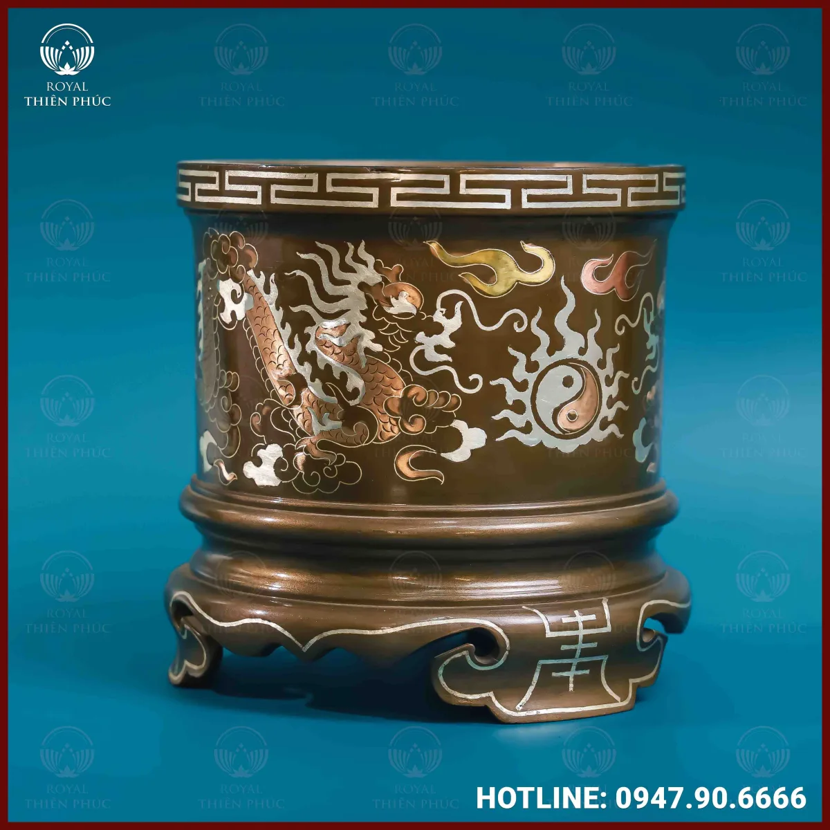 Bát hương rồng đồng khảm tam khí kích thước 16cm