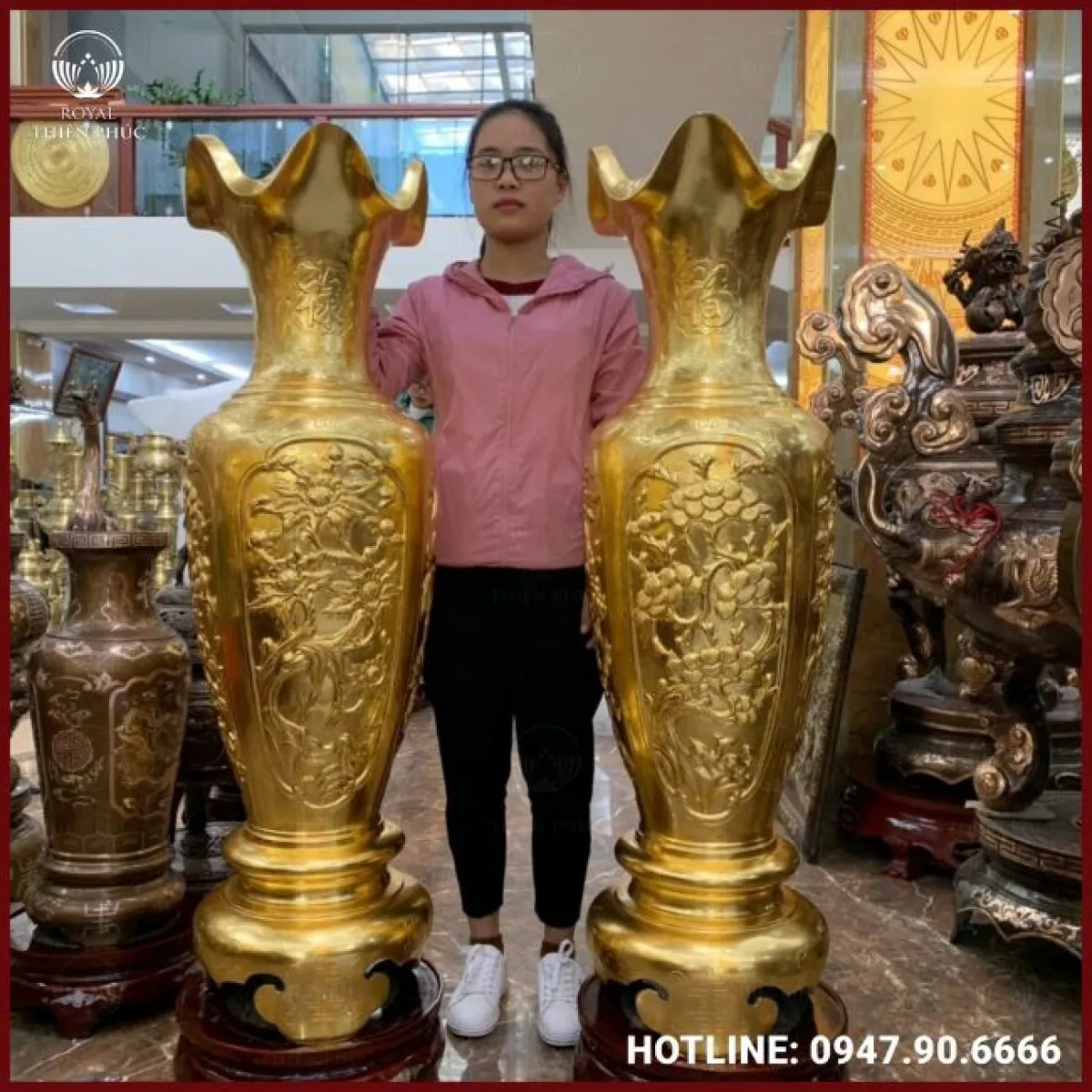 Đôi lọ lộc bình phong thủy họa tiết tứ quý 1m2 dát vàng