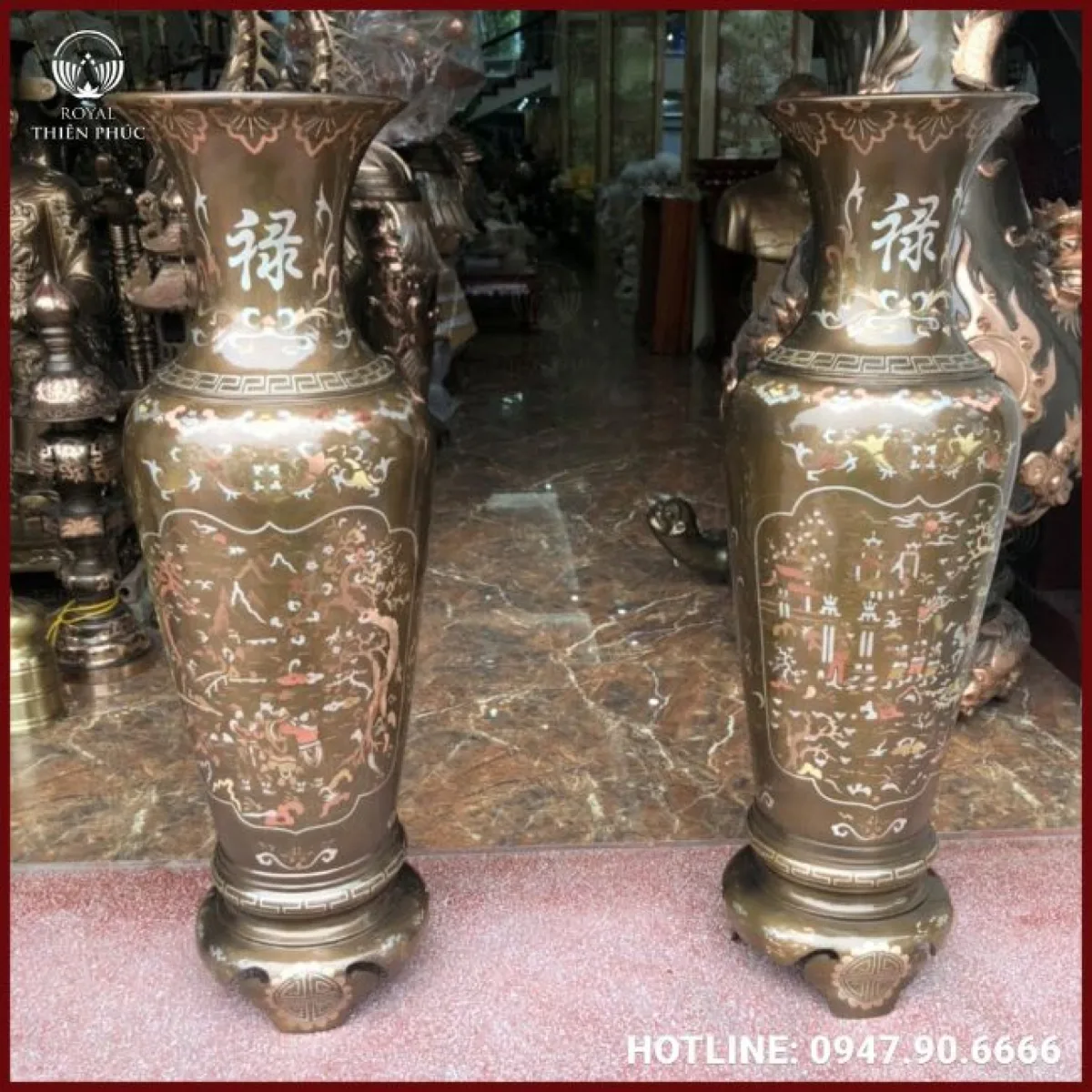 Lộc bình phong thủy bằng đồng khảm tam khí cao 1m2