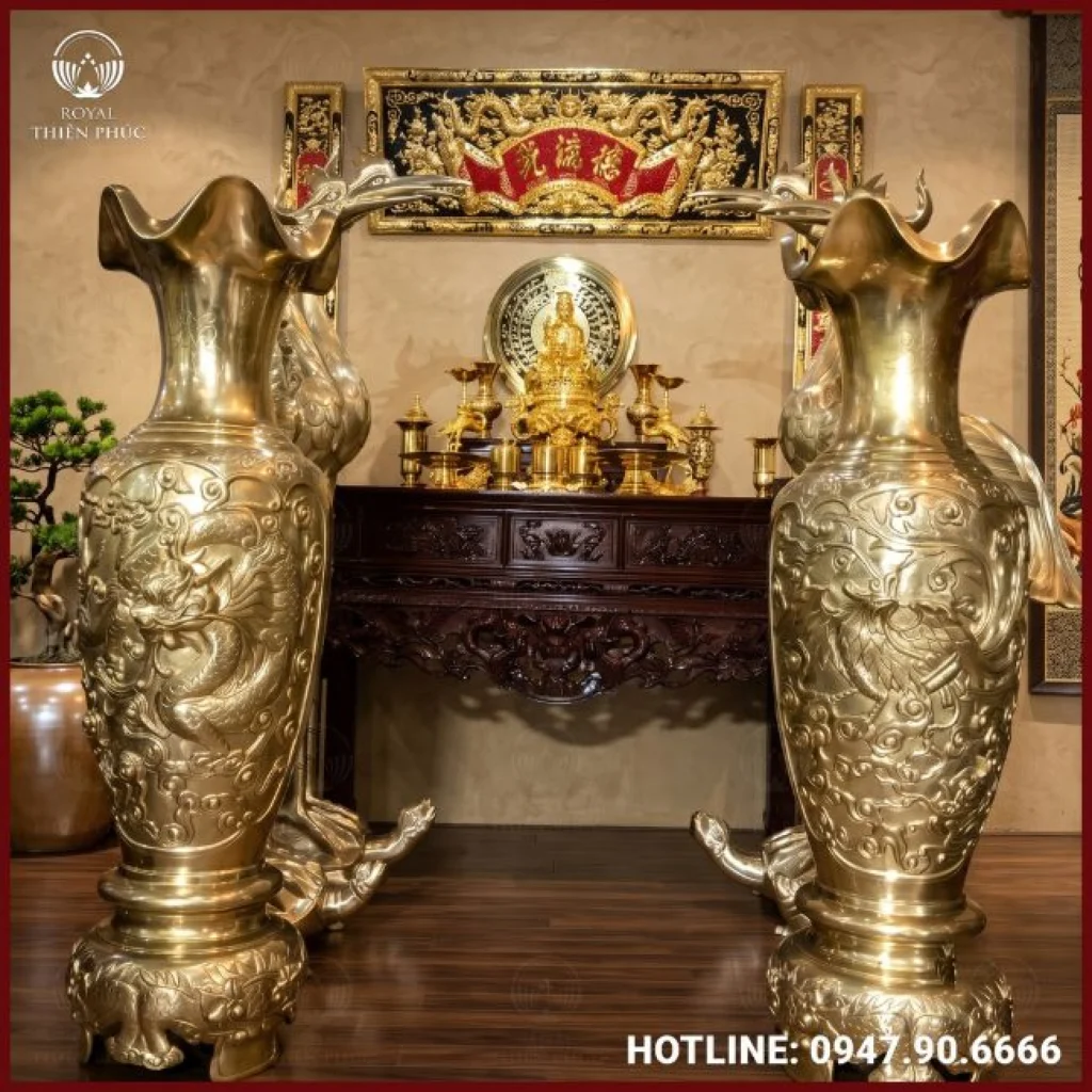 Đôi lọ lộc bình rồng phượng bằng đồng catut cao 1m5