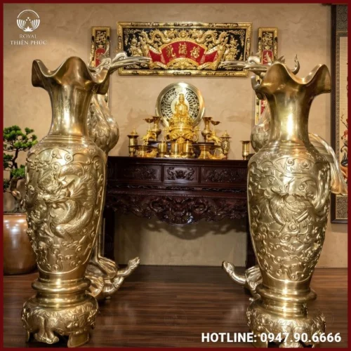 Đôi lọ lộc bình rồng phượng bằng đồng catut cao 1m5