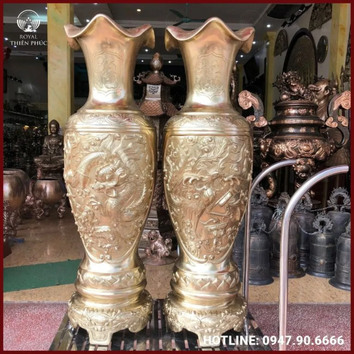 Lọ lộc bình rồng phượng bằng đồng vàng catut cao 1m27 cao cấp