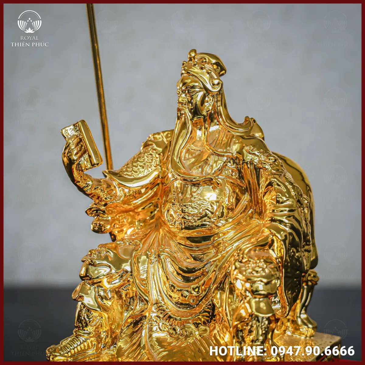 Tượng Quan Công đọc sách đồng vàng mạ vàng cao 25cm