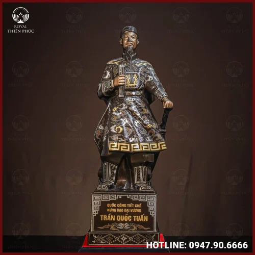 Tượng Trần Hưng Đạo đồng đỏ khảm ngũ sắc cao 38cm