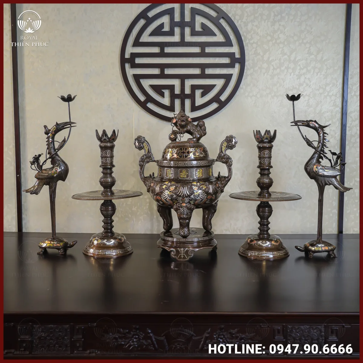 Bộ ngũ sự đồng đỏ khảm tam khí kỹ chạm sòi cao 60cm