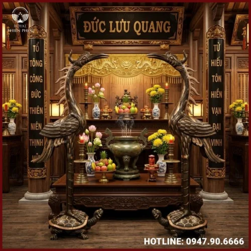 Bộ hạc thờ cỡ lớn trang nghiêm bằng đồng đỏ cao 1m9