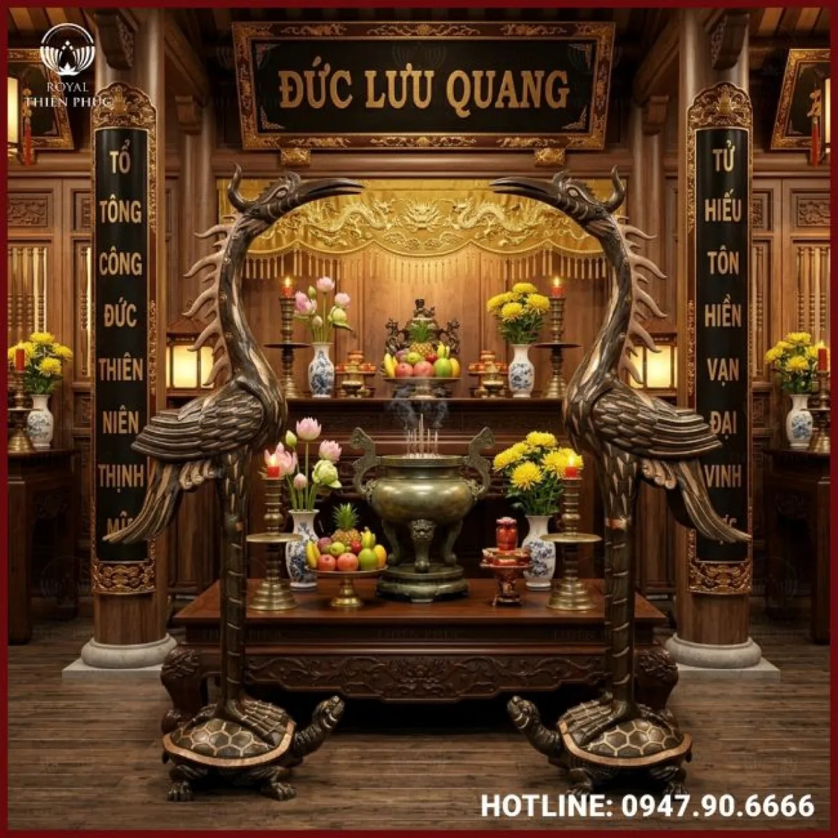 Bộ hạc thờ cỡ lớn trang nghiêm bằng đồng đỏ cao 1m9