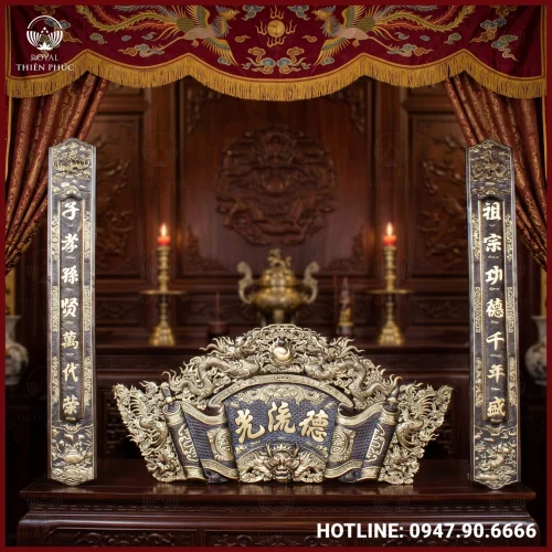 Cuốn thư câu đối Đức Lưu Quang chữ Hán sơn màu giả cổ 1m55 tinh xảo