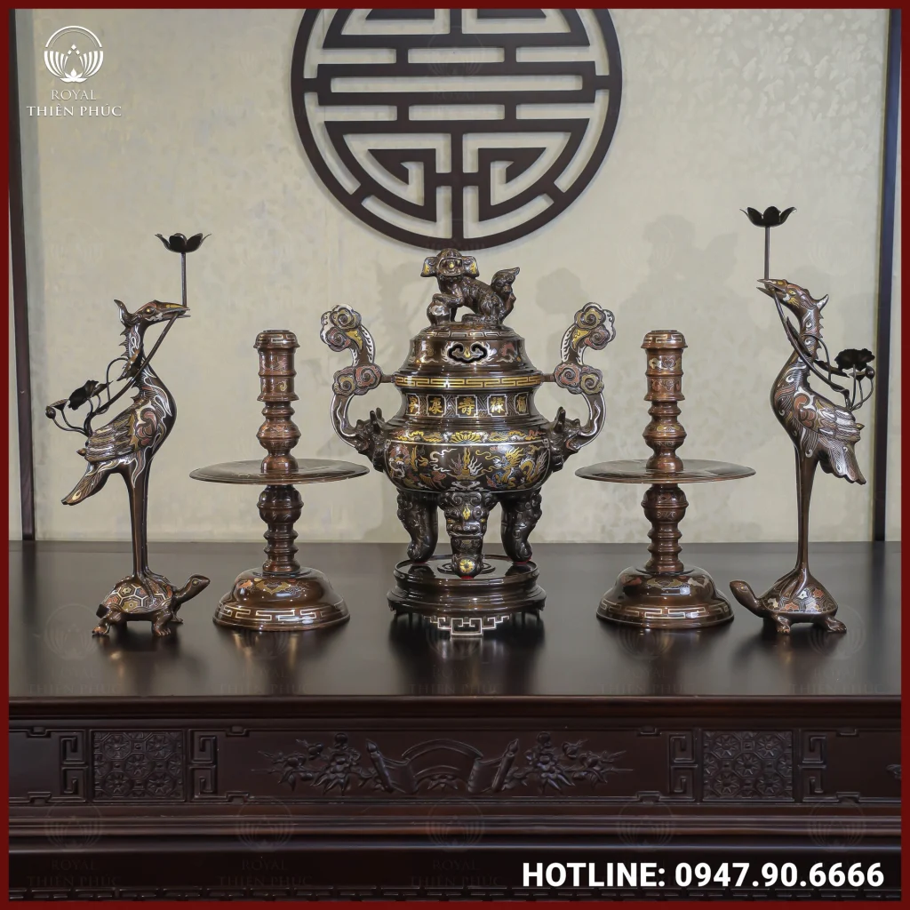 Bộ ngũ sự đồng đỏ khảm ngũ sắc song long chầu nguyệt cao 50cm