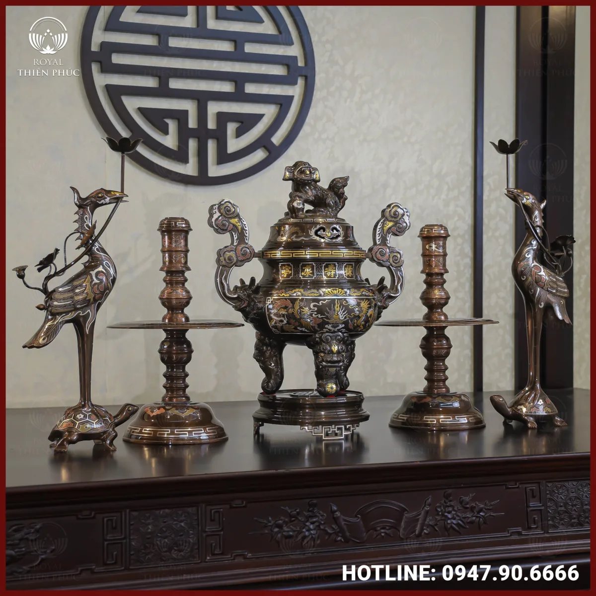 Bộ ngũ sự đồng đỏ khảm ngũ sắc song long chầu nguyệt cao 50cm 