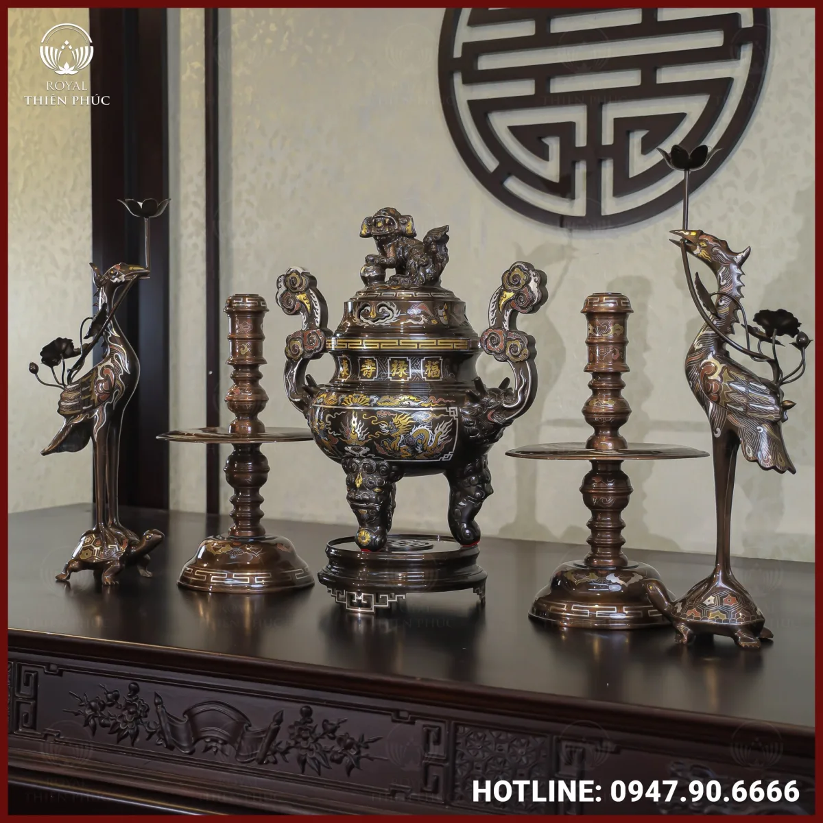Bộ ngũ sự đồng đỏ khảm ngũ sắc song long chầu nguyệt cao 50cm 