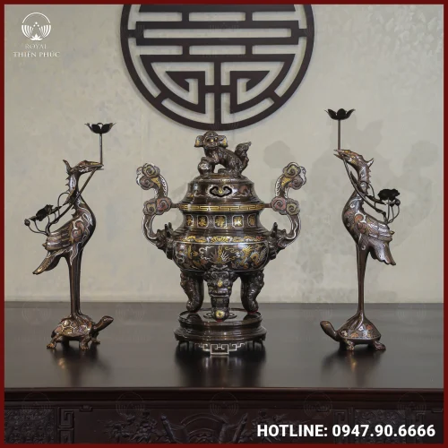 Bộ tam sự hạc đồng đỏ khảm ngũ sắc song long chầu nguyệt cao 50cm