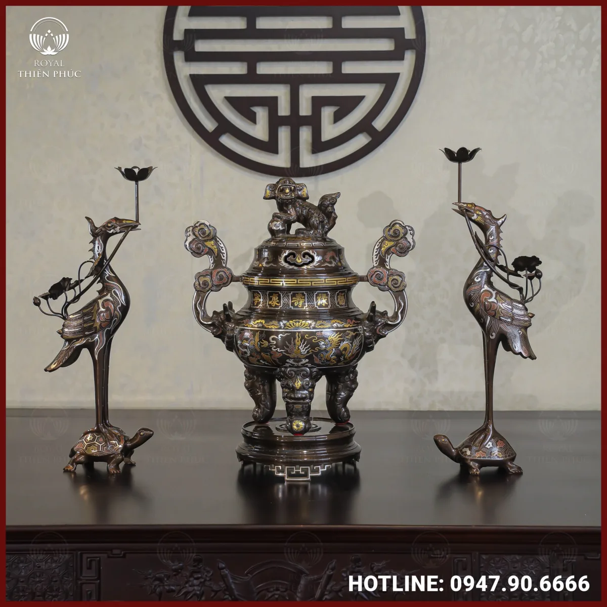 Bộ tam sự hạc đồng đỏ khảm ngũ sắc song long chầu nguyệt cao 50cm