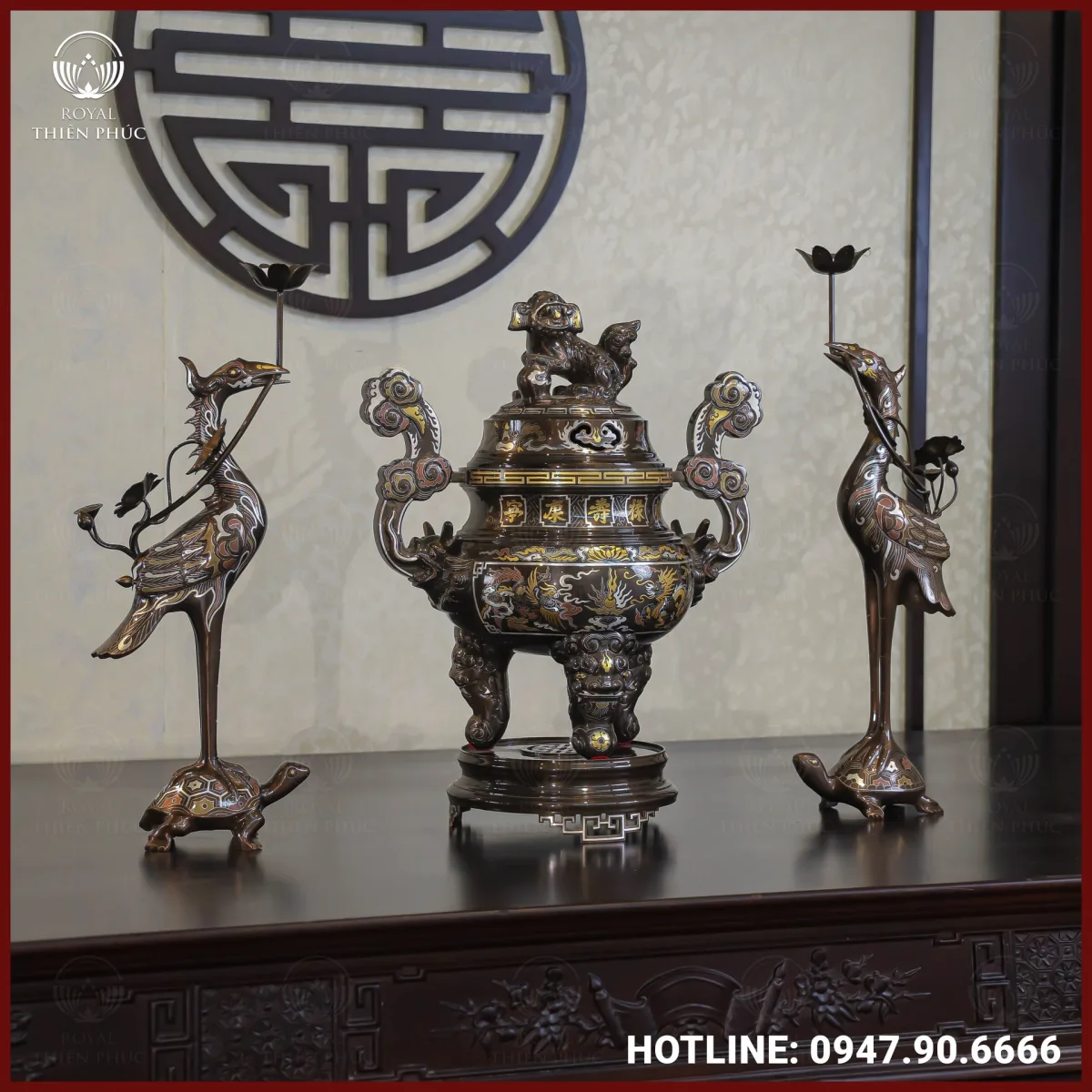 Bộ tam sự hạc đồng đỏ khảm ngũ sắc song long chầu nguyệt cao 50cm