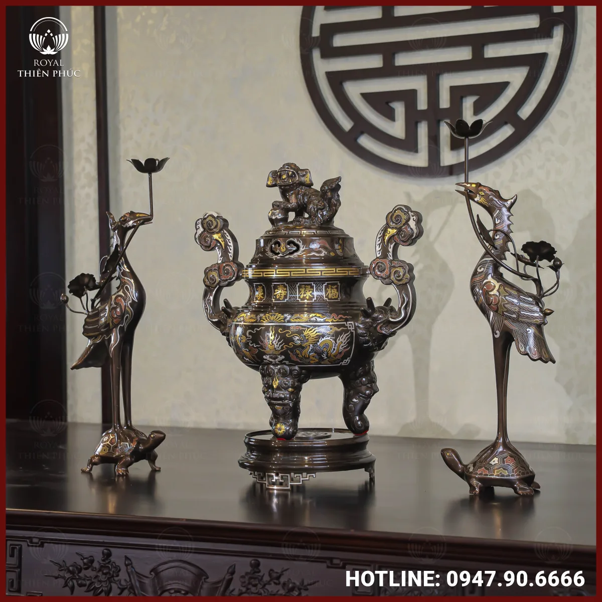 Bộ tam sự hạc đồng đỏ khảm ngũ sắc song long chầu nguyệt cao 50cm