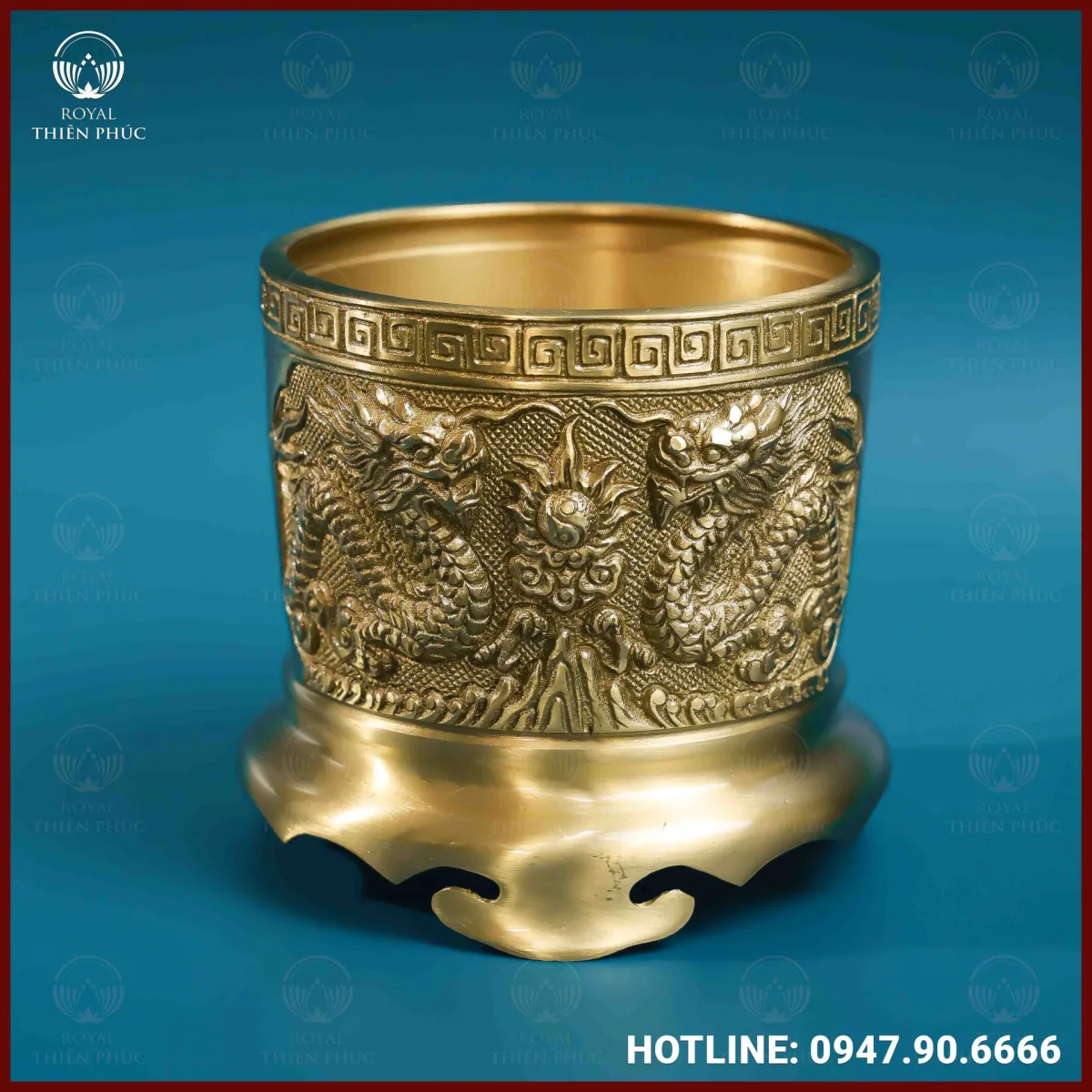 Bát hương rồng đồng vàng mộc 14cm