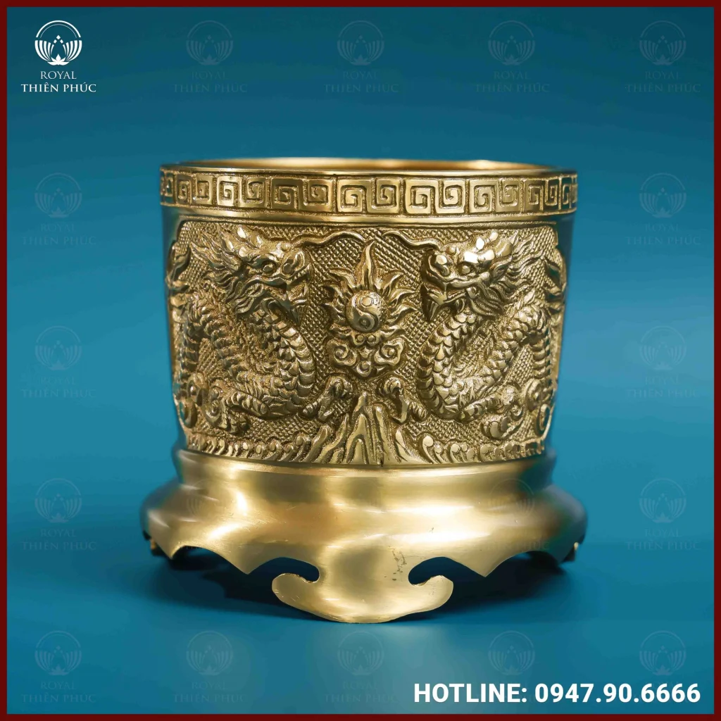 Bát hương rồng đồng vàng mộc 14cm