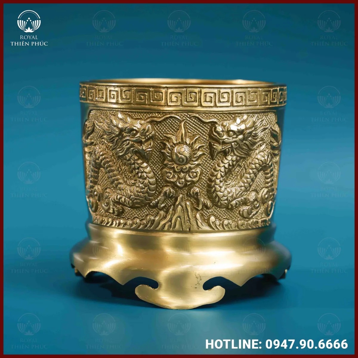 Bát hương rồng đồng vàng mộc 14cm
