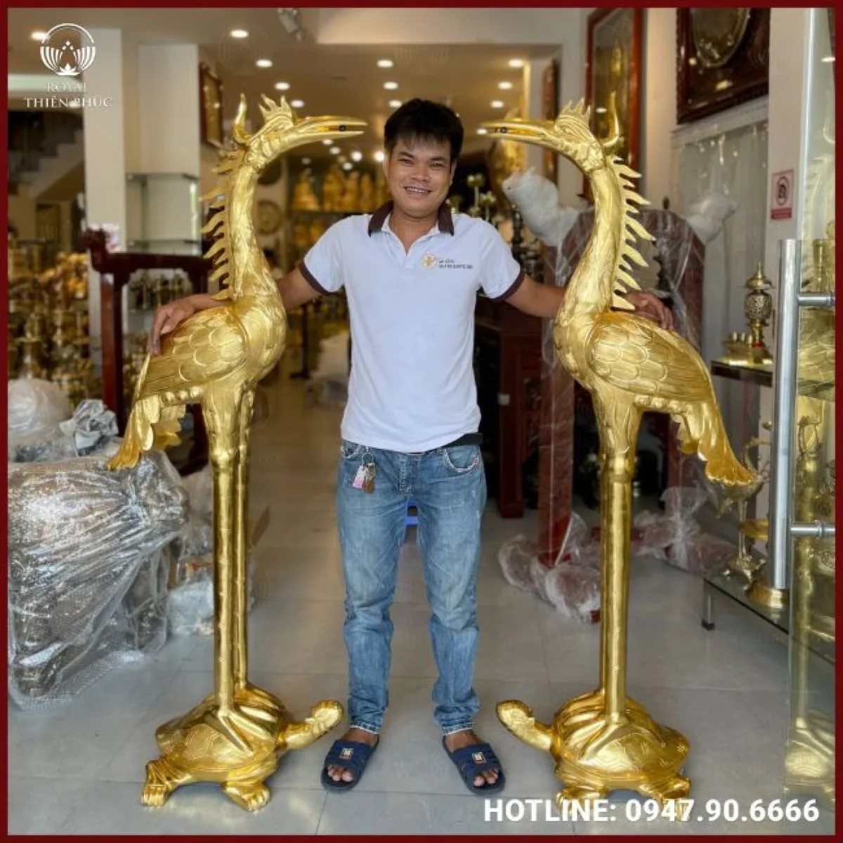 Hạc đồng thờ cúng bằng đồng vàng catut dát vàng 9999 cao 1m7