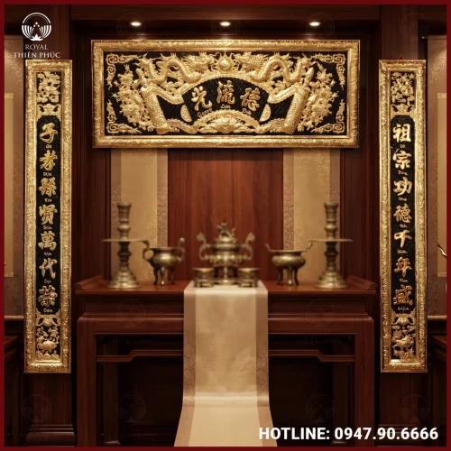 Bộ hoành phi câu đối đồng vàng giả cổ 1m97 tinh xảo