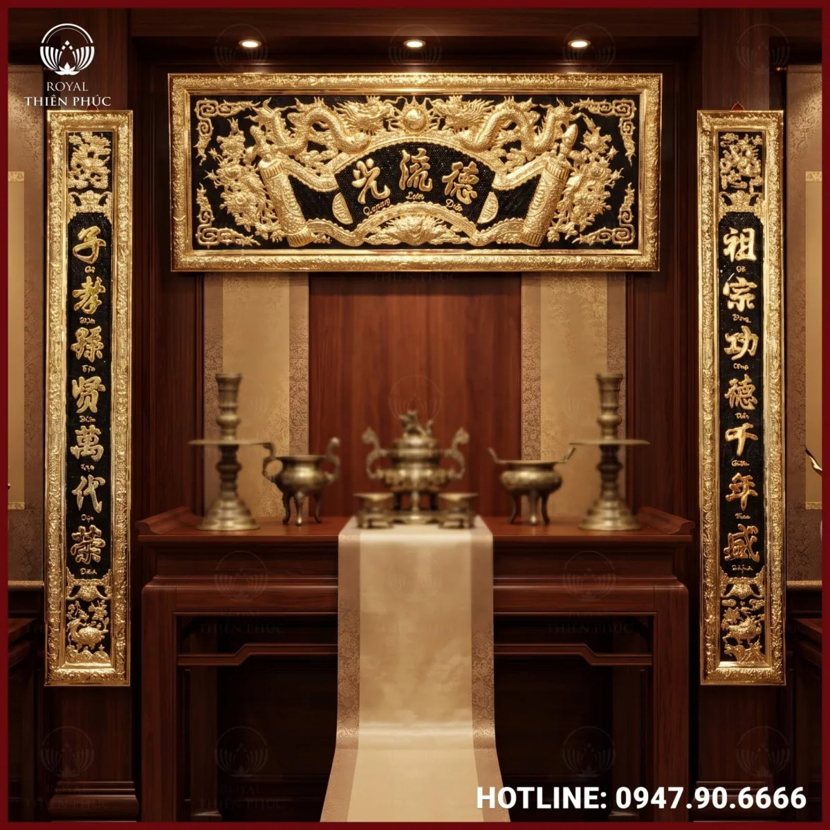 Bộ hoành phi câu đối đồng vàng giả cổ 1m97 tinh xảo