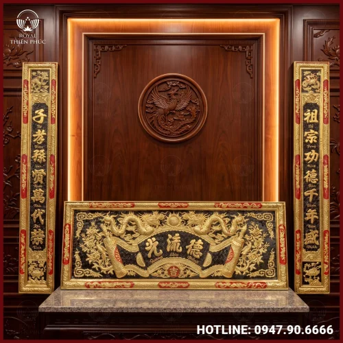 Bộ hoành phi và đại tự câu đối sơn màu