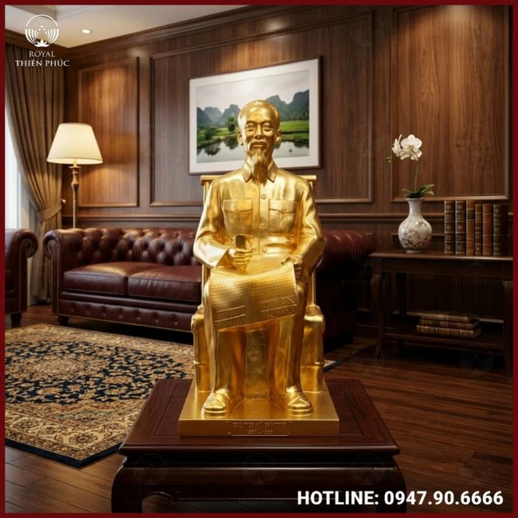 Tượng Bác Hồ ngồi đọc báo bằng đồng thếp vàng 9999