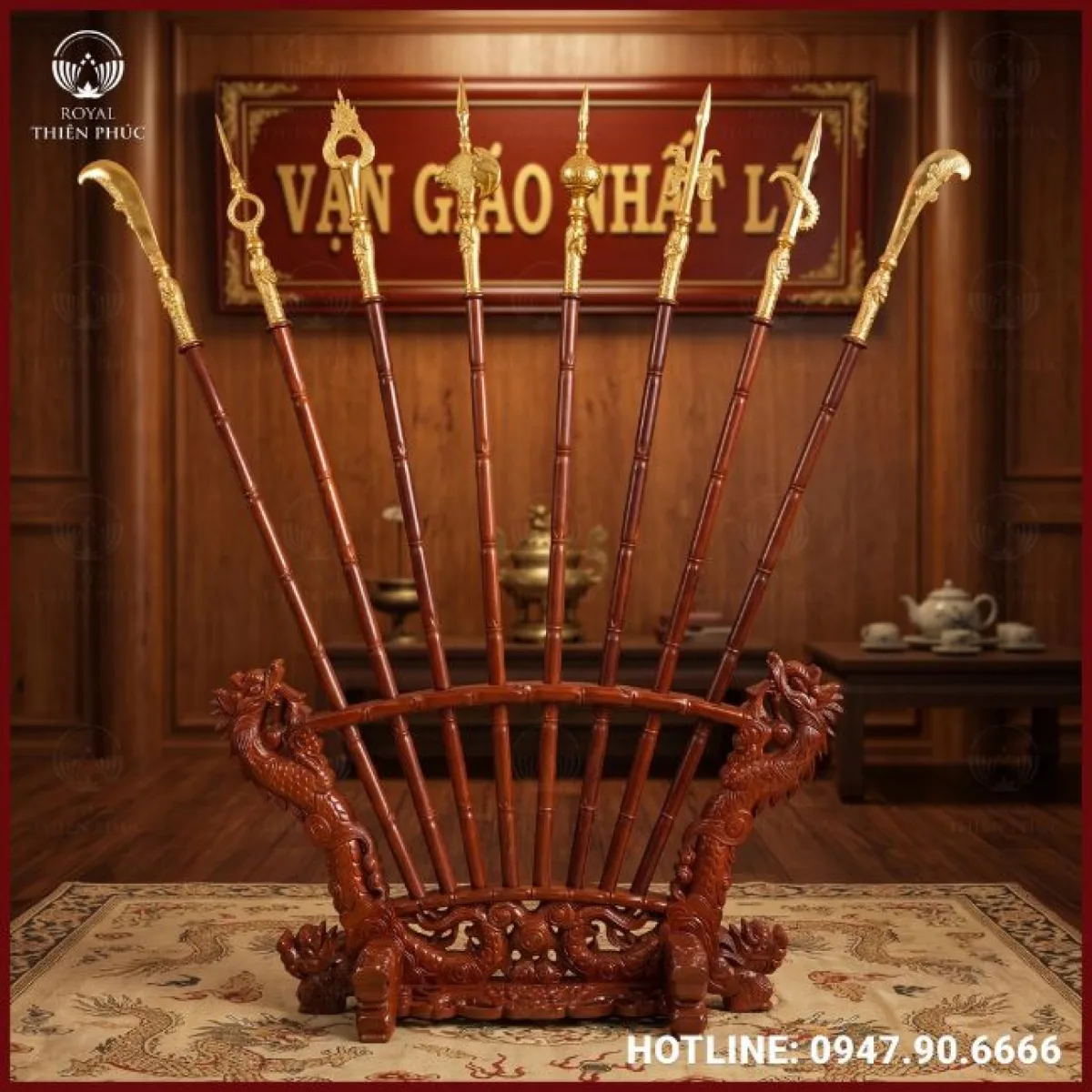 Bộ binh khí bát bửu bằng đồng cổ kính cao 2m2